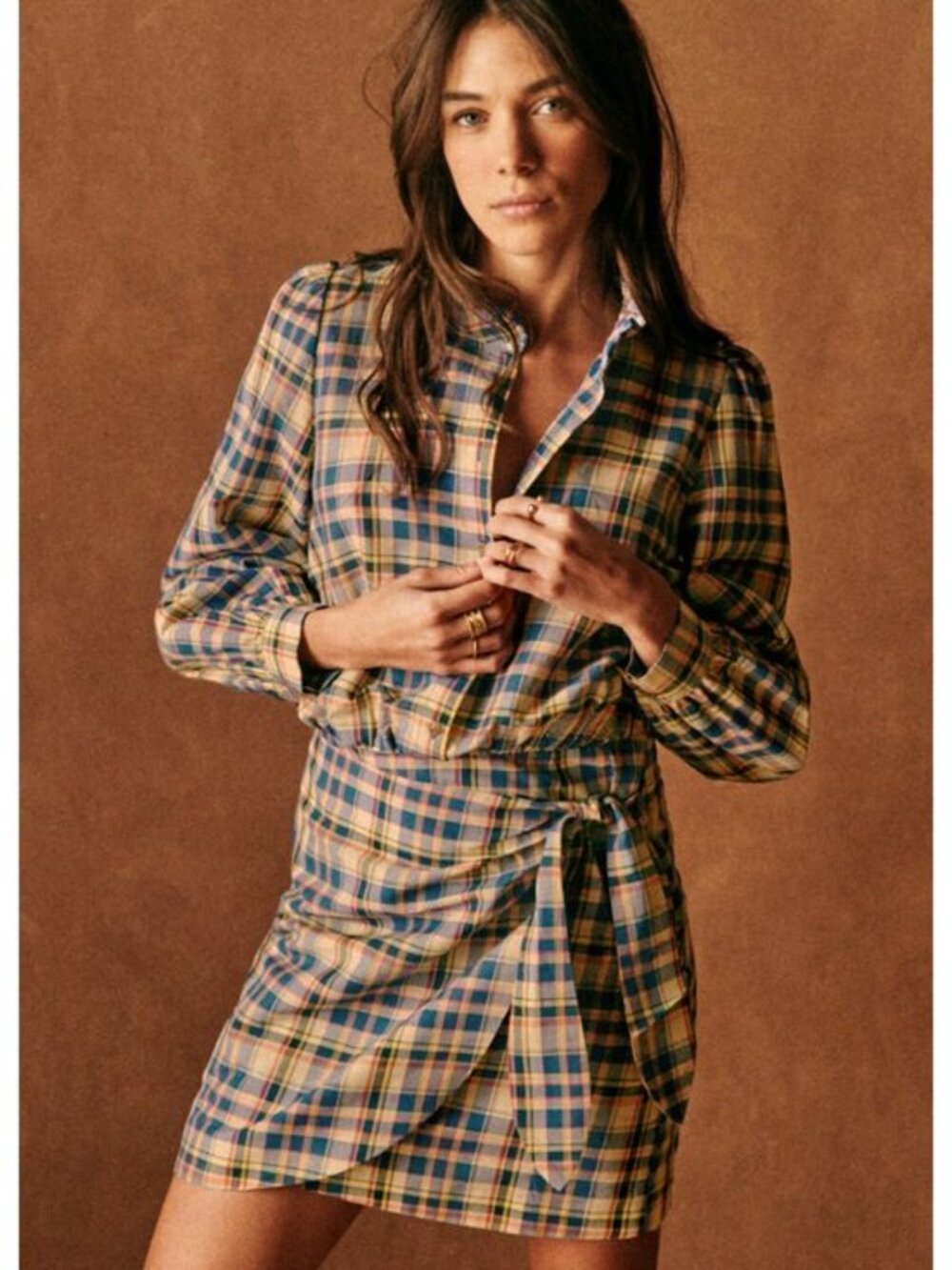 EUC Sezane Capri Plaid Wrap Mini Shirtdress Tan Check 38, 6
